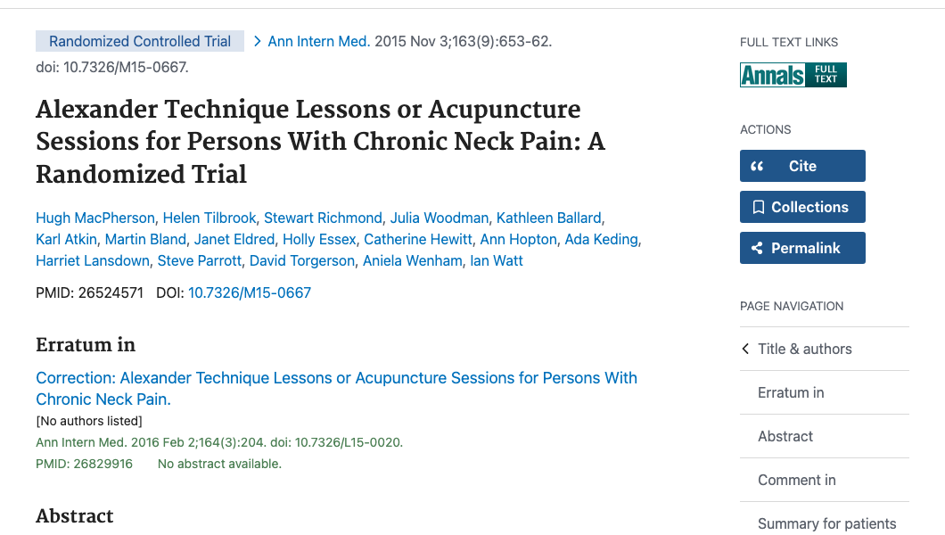 Title and abstract of Alexander Technique Lessons or Acupuncture Sessions for Persons With Chronic Neck Pain: A Randomized Trial.