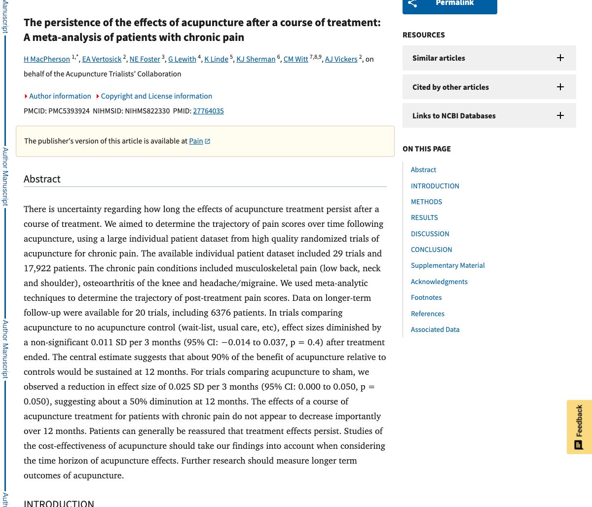 Title and abstract of The persistence of the effects of acupuncture after a course of treatment: a meta-analysis of patients with chronic pain.
