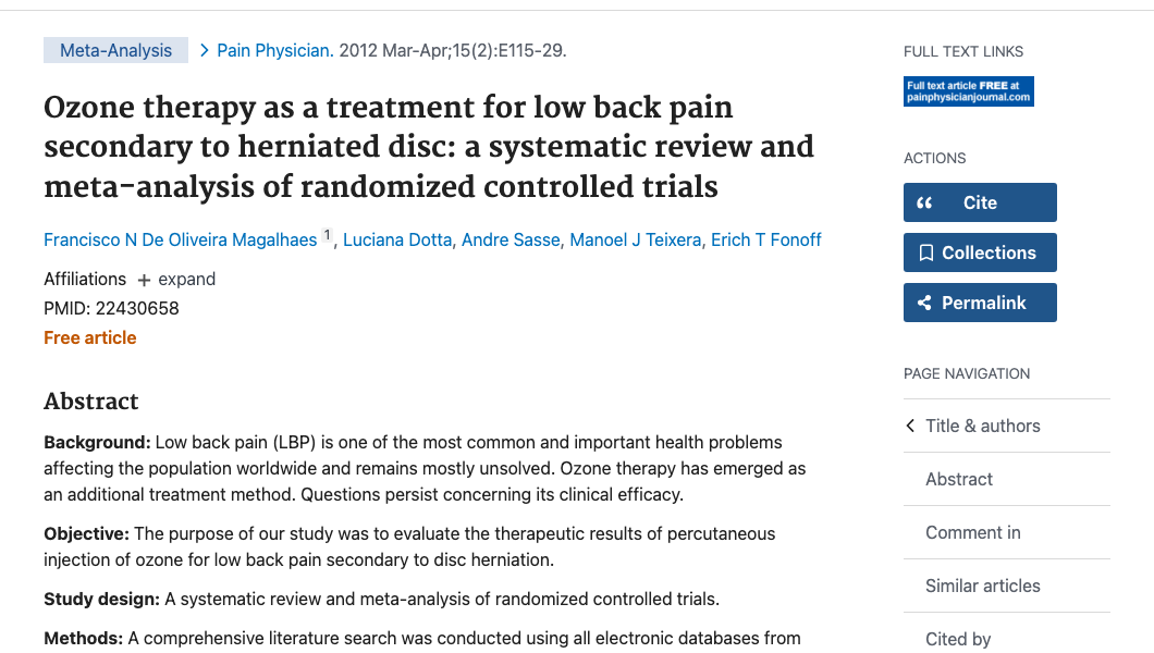 Title and abstract of Ozone therapy as a treatment for low back pain secondary to herniated disc: a systematic review and meta-analysis of randomized controlled trials.