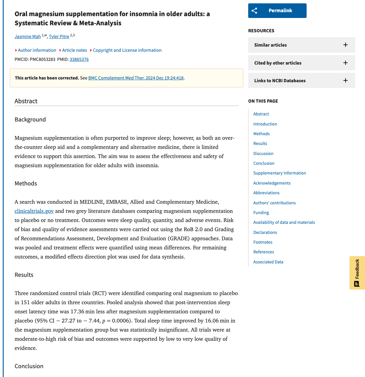 Title and abstract of Oral magnesium supplementation for insomnia in older adults: a Systematic Review & Meta-Analysis.