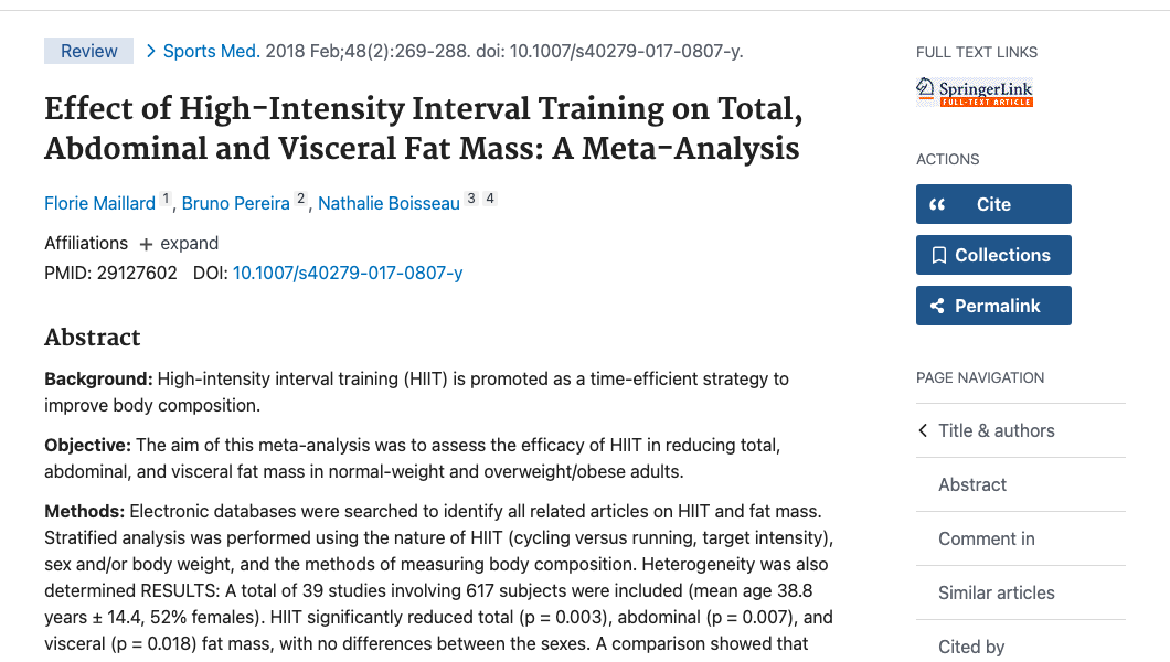 Title and abstract of Effect of High-Intensity Interval Training on Total, Abdominal and Visceral Fat Mass: A Meta-Analysis.