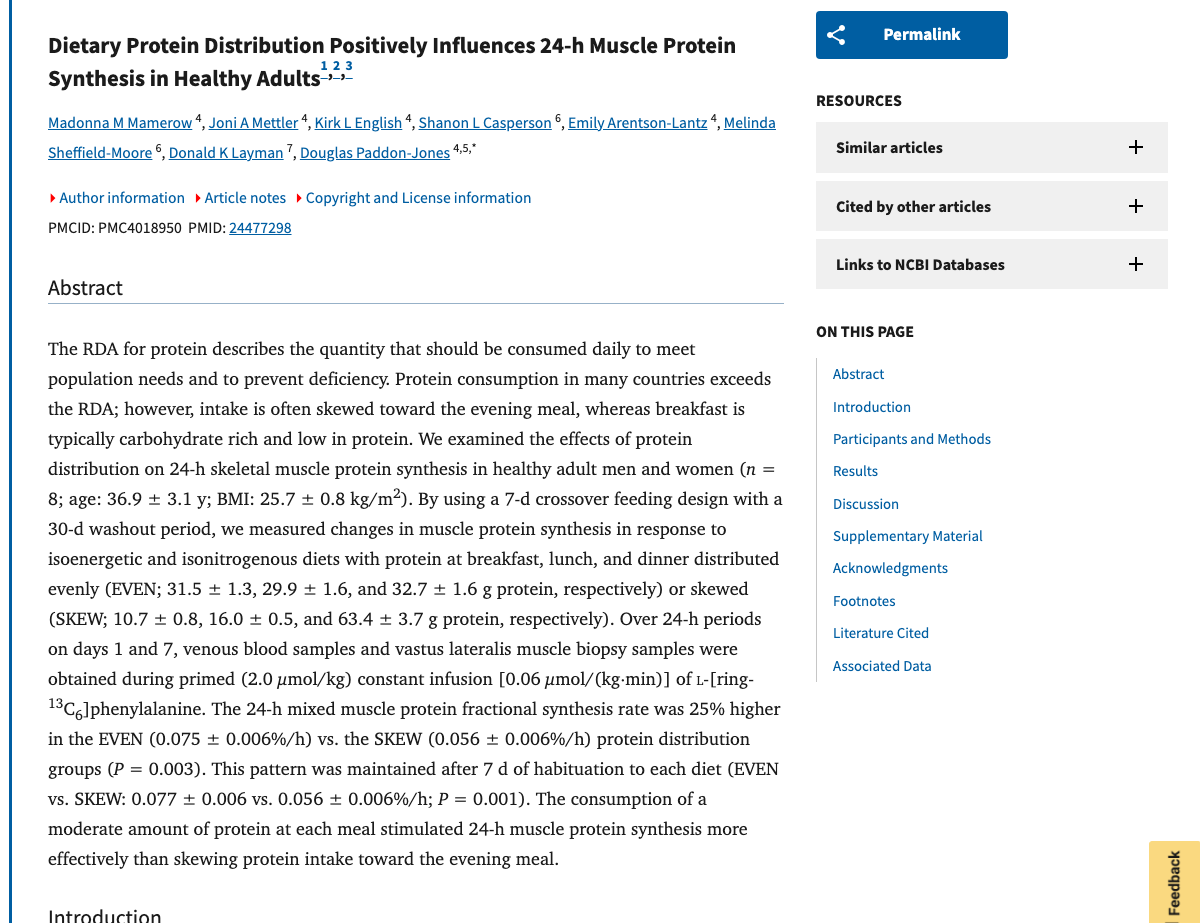 Title and abstract of Dietary protein distribution positively influences 24-h muscle protein synthesis in healthy adults