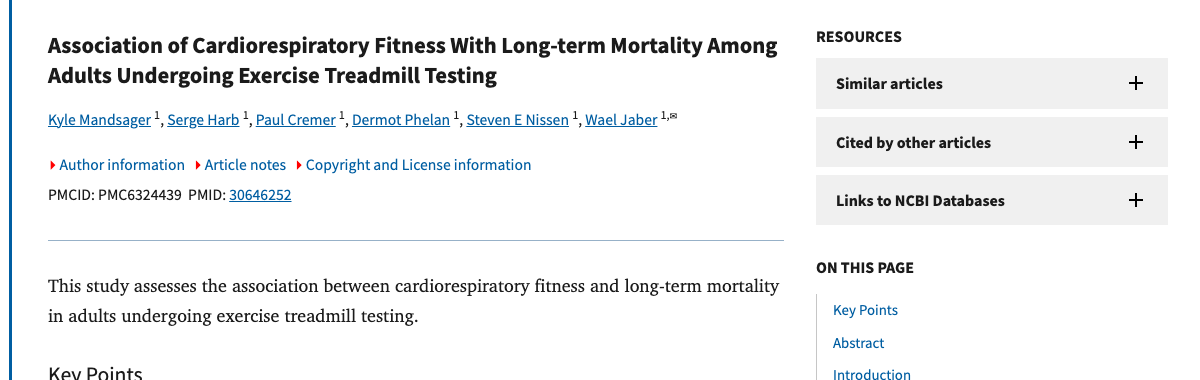 Title and abstract of Association of Cardiorespiratory Fitness With Long-term Mortality Among Adults Undergoing Exercise Treadmill Testing