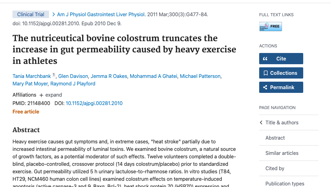 Title and abstract of The nutriceutical bovine colostrum truncates the increase in gut permeability caused by heavy exercise in athletes