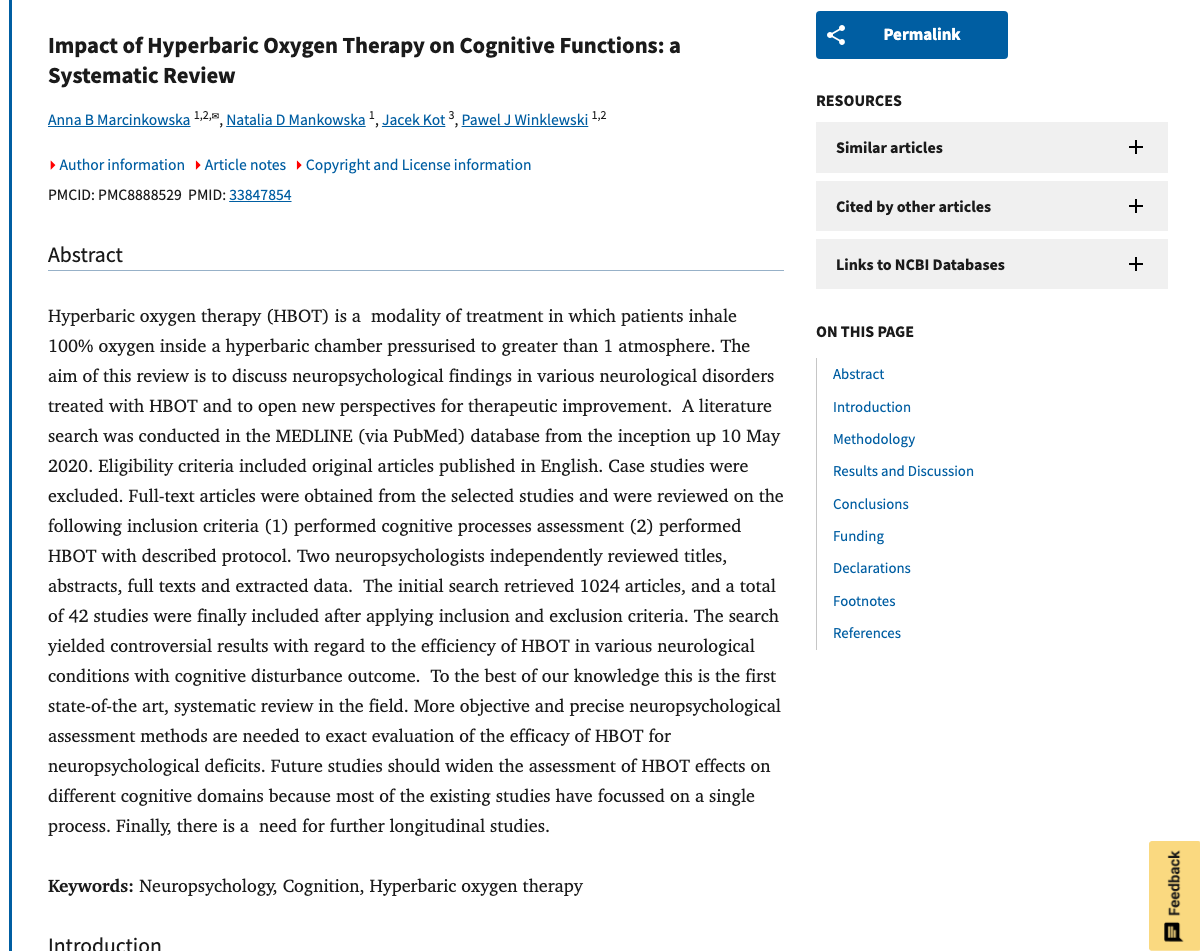 Title and abstract of Impact of Hyperbaric Oxygen Therapy on Cognitive Functions: a Systematic Review.