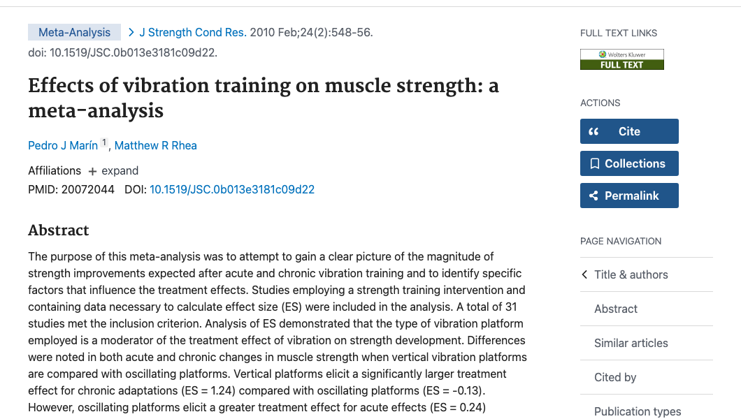 Title and abstract of Effects of vibration training on muscle strength: a meta-analysis