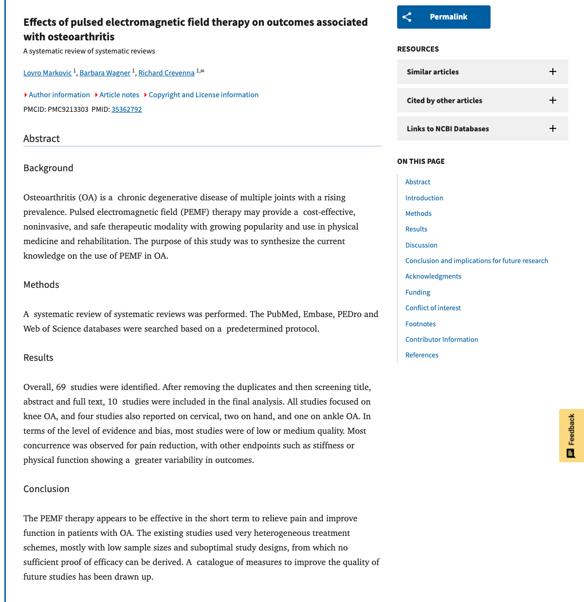 Title and abstract of Effects of pulsed electromagnetic field therapy on outcomes associated with osteoarthritis : A systematic review of systematic reviews.