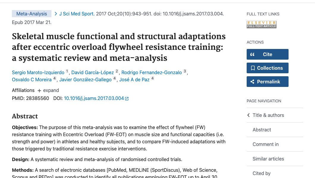 Title and abstract of Skeletal muscle functional and structural adaptations after eccentric overload flywheel resistance training: a systematic review and meta-analysis.