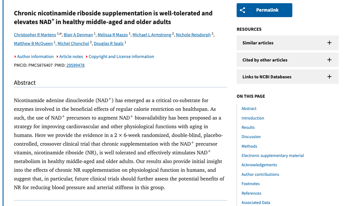 Title and abstract of Chronic nicotinamide riboside supplementation is well-tolerated and elevates NAD+ in healthy middle-aged and older adults