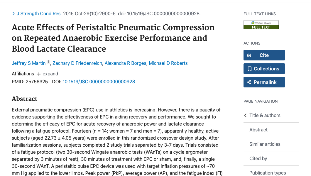 Title and abstract of Acute Effects of Peristaltic Pneumatic Compression on Repeated Anaerobic Exercise Performance and Blood Lactate Clearance