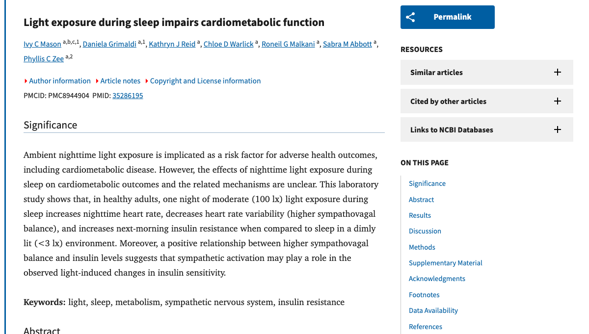 Title and abstract of Light exposure during sleep impairs cardiometabolic function.