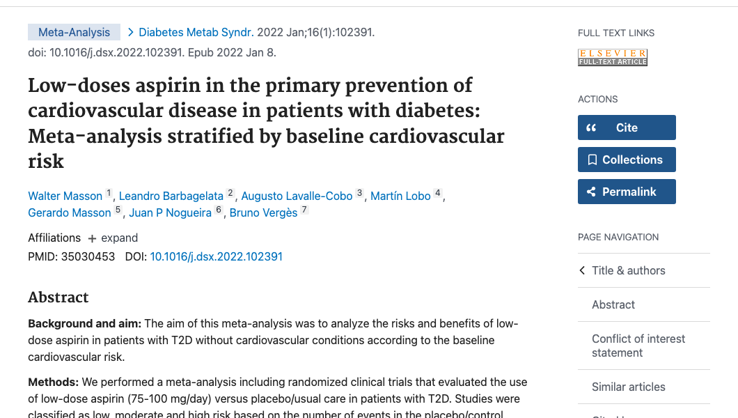 Title and abstract of Low-doses aspirin in the primary prevention of cardiovascular disease in patients with diabetes: Meta-analysis stratified by baseline cardiovascular risk.