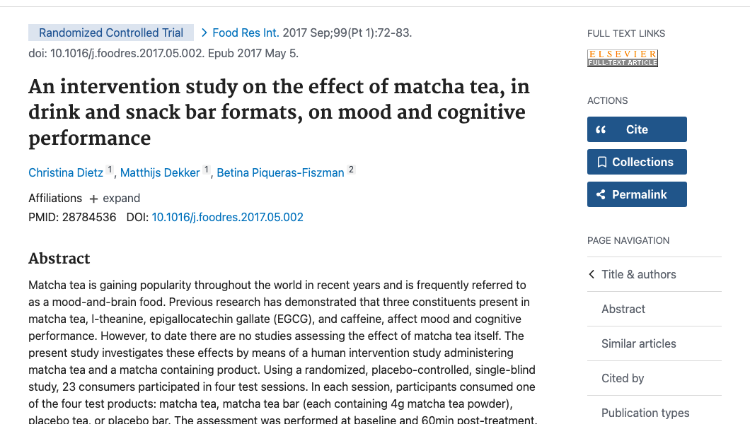 Title and abstract of An intervention study on the effect of matcha tea, in drink and snack bar formats, on mood and cognitive performance