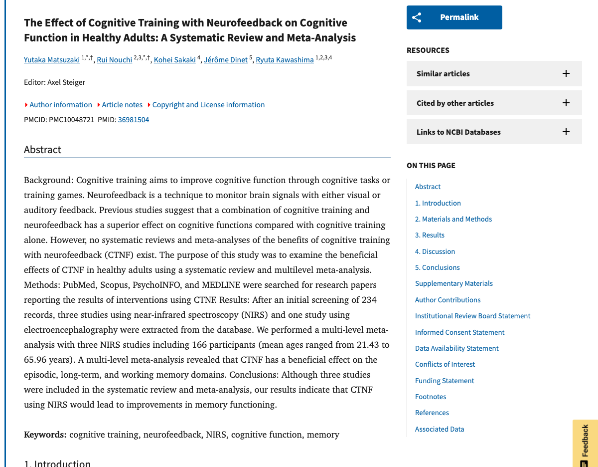 Title and abstract of The Effect of Cognitive Training with Neurofeedback on Cognitive Function in Healthy Adults: A Systematic Review and Meta-Analysis.