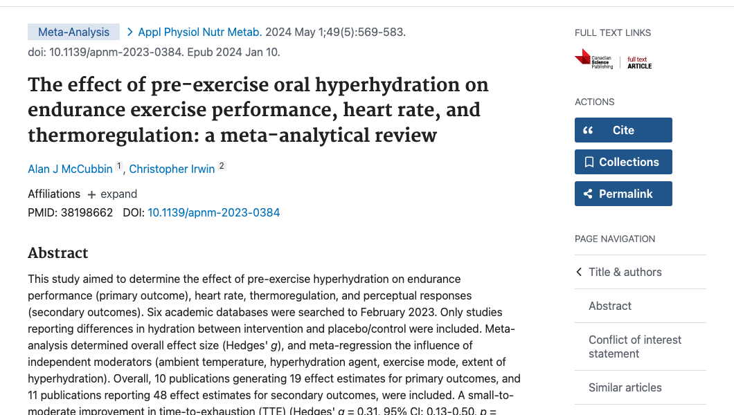 Title and abstract of The effect of pre-exercise oral hyperhydration on endurance exercise performance, heart rate, and thermoregulation: a meta-analytical review.