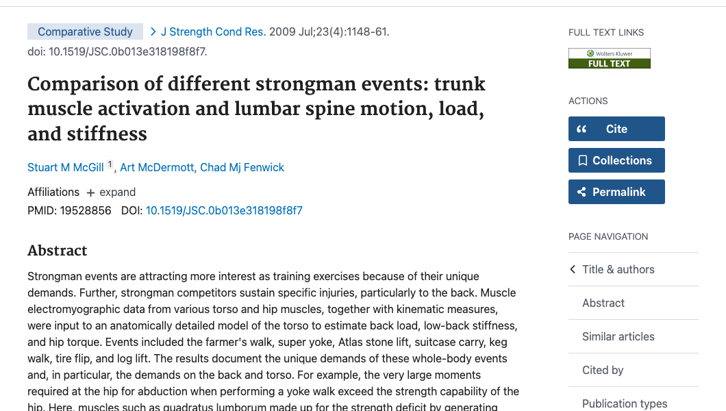 Title and abstract of Comparison of different strongman events: trunk muscle activation and lumbar spine motion, load, and stiffness
