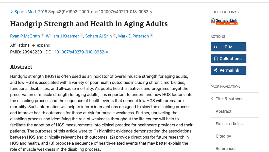Title and abstract of Handgrip Strength and Health in Aging Adults