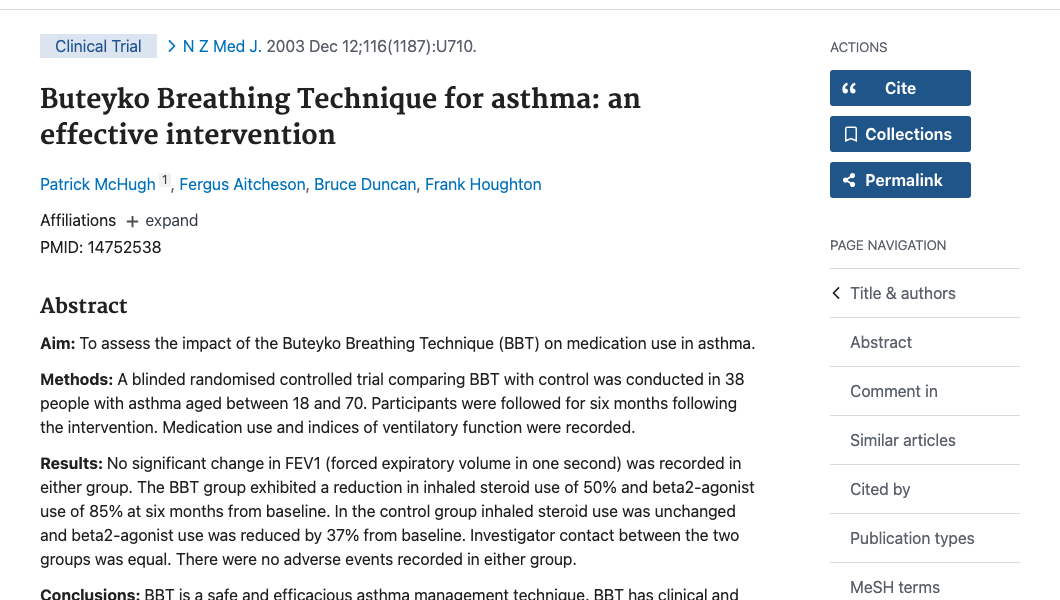 Title and abstract of Buteyko Breathing Technique for asthma: an effective intervention.