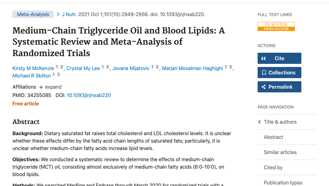 Title and abstract of Medium-Chain Triglyceride Oil and Blood Lipids: A Systematic Review and Meta-Analysis of Randomized Trials.
