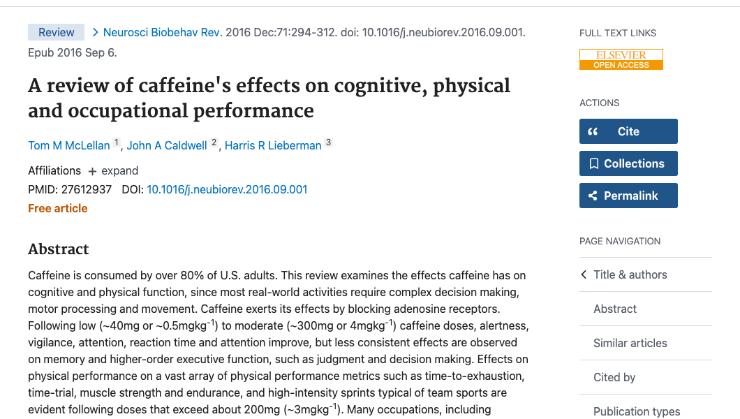 Title and abstract of A review of caffeine's effects on cognitive, physical and occupational performance
