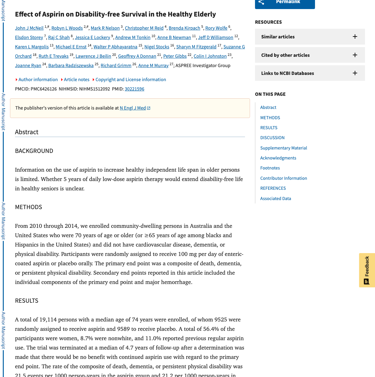 Title and abstract of Effect of Aspirin on Disability-free Survival in the Healthy Elderly (ASPREE)