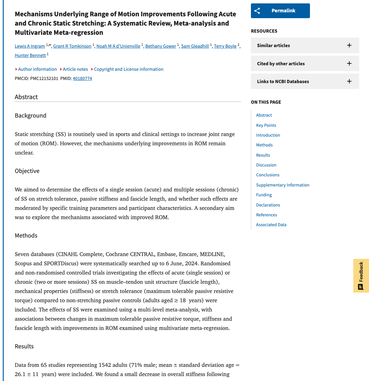 Title and abstract of Mechanisms Underlying Range of Motion Improvements Following Acute and Chronic Static Stretching
