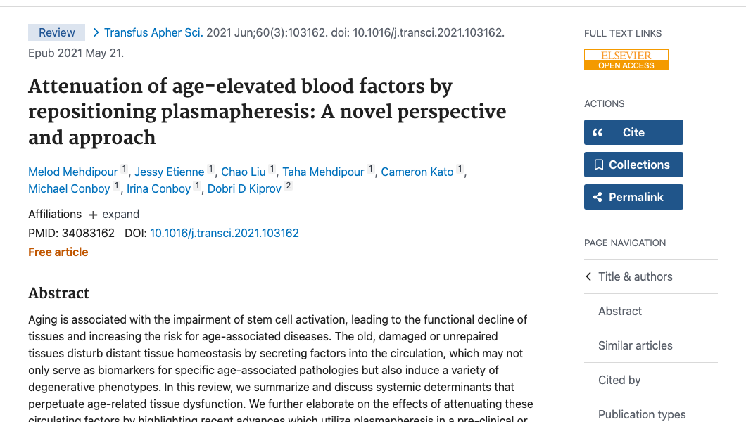 Title and abstract of Attenuation of age-elevated blood factors by repositioning plasmapheresis: A novel perspective and approach.