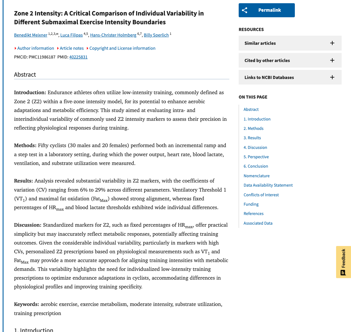 Title and abstract of Zone 2 Intensity: A Critical Comparison of Individual Variability in Different Submaximal Exercise Intensity Boundaries.