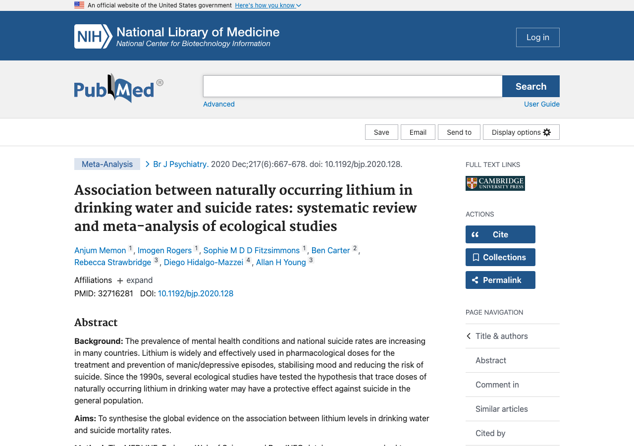 Title and abstract of Association between naturally occurring lithium in drinking water and suicide rates: systematic review and meta-analysis of ecological studies