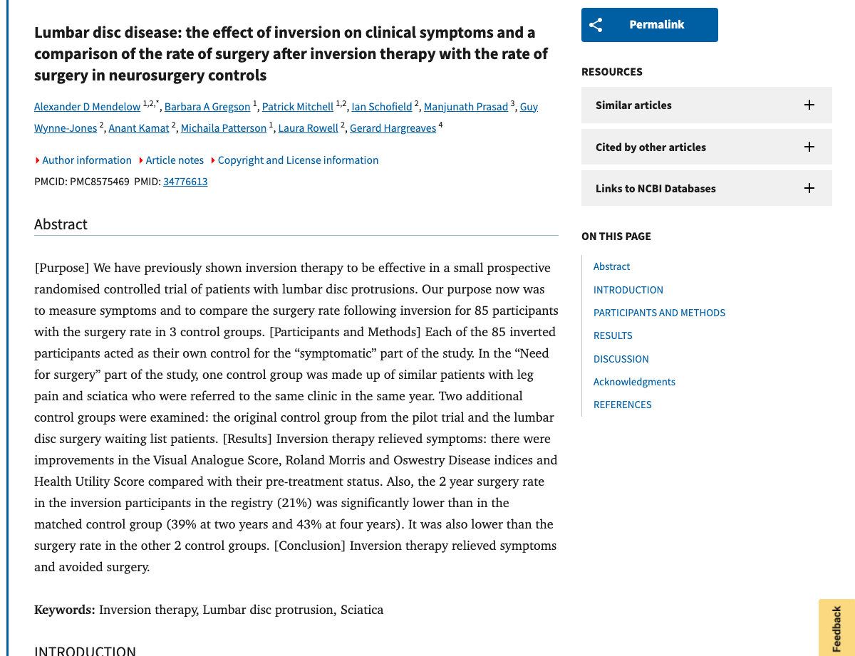 Title and abstract of Lumbar disc disease: the effect of inversion on clinical symptoms and a comparison of the rate of surgery after inversion therapy with the rate of surgery in neurosurgery controls.