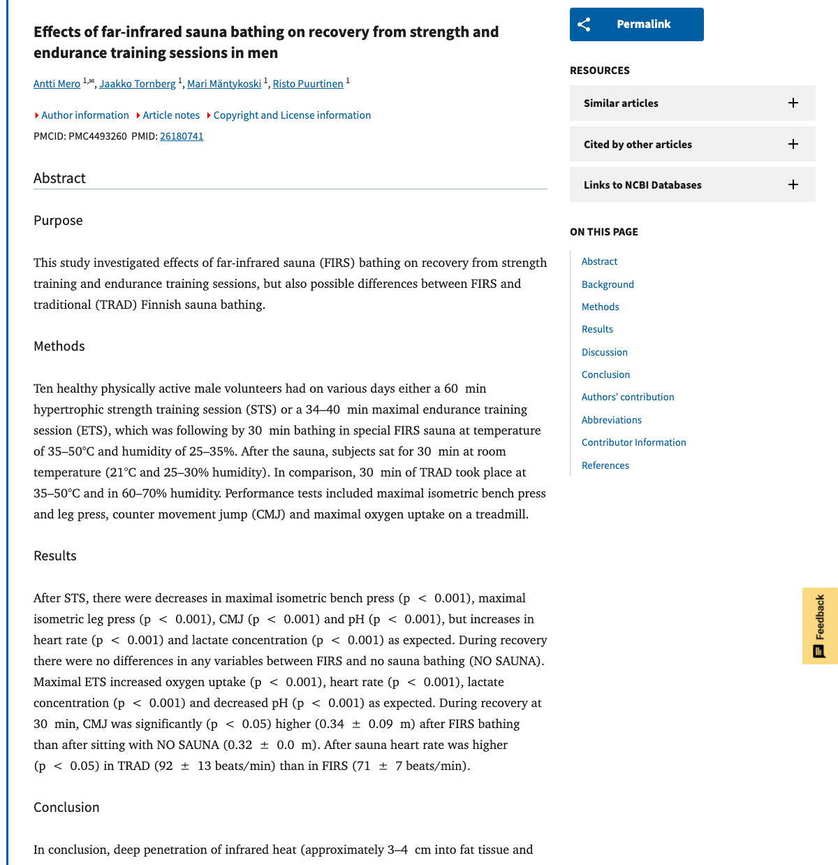 Title and abstract of Effects of far-infrared sauna bathing on recovery from strength and endurance training sessions