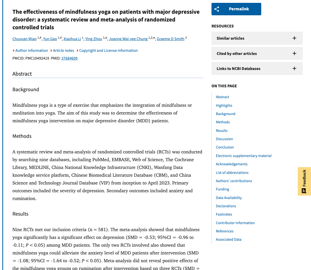 Title and abstract of The effectiveness of mindfulness yoga on patients with major depressive disorder: a systematic review and meta-analysis of randomized controlled trials.