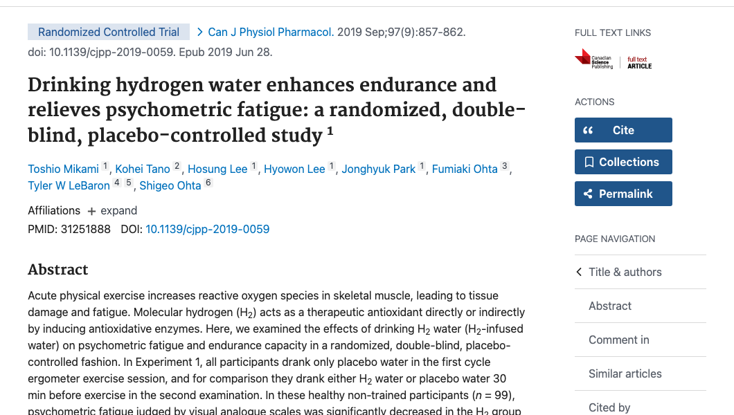 Title and abstract of Drinking hydrogen water enhances endurance and relieves psychometric fatigue: a randomized, double-blind, placebo-controlled study
