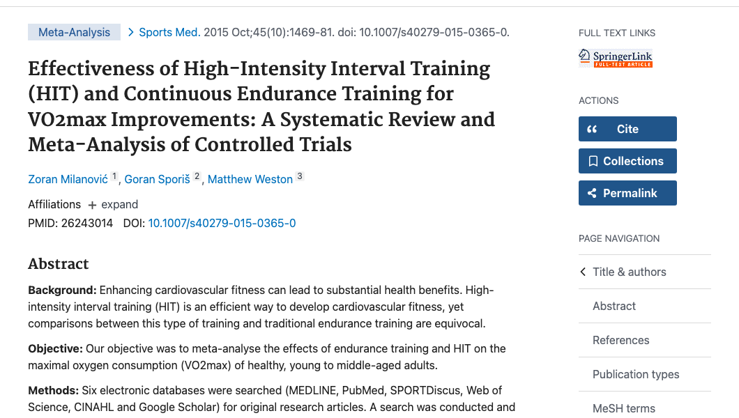 Title and abstract of Effectiveness of High-Intensity Interval Training (HIT) and Continuous Endurance Training for VO2max Improvements: A Systematic Review and Meta-Analysis of Controlled Trials