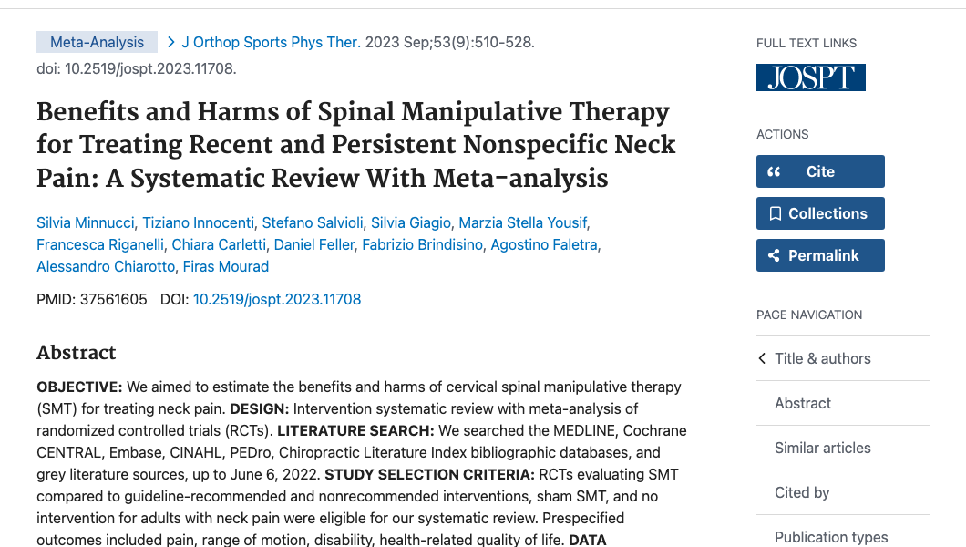 Title and abstract of Benefits and Harms of Spinal Manipulative Therapy for Treating Recent and Persistent Nonspecific Neck Pain: A Systematic Review With Meta-analysis.