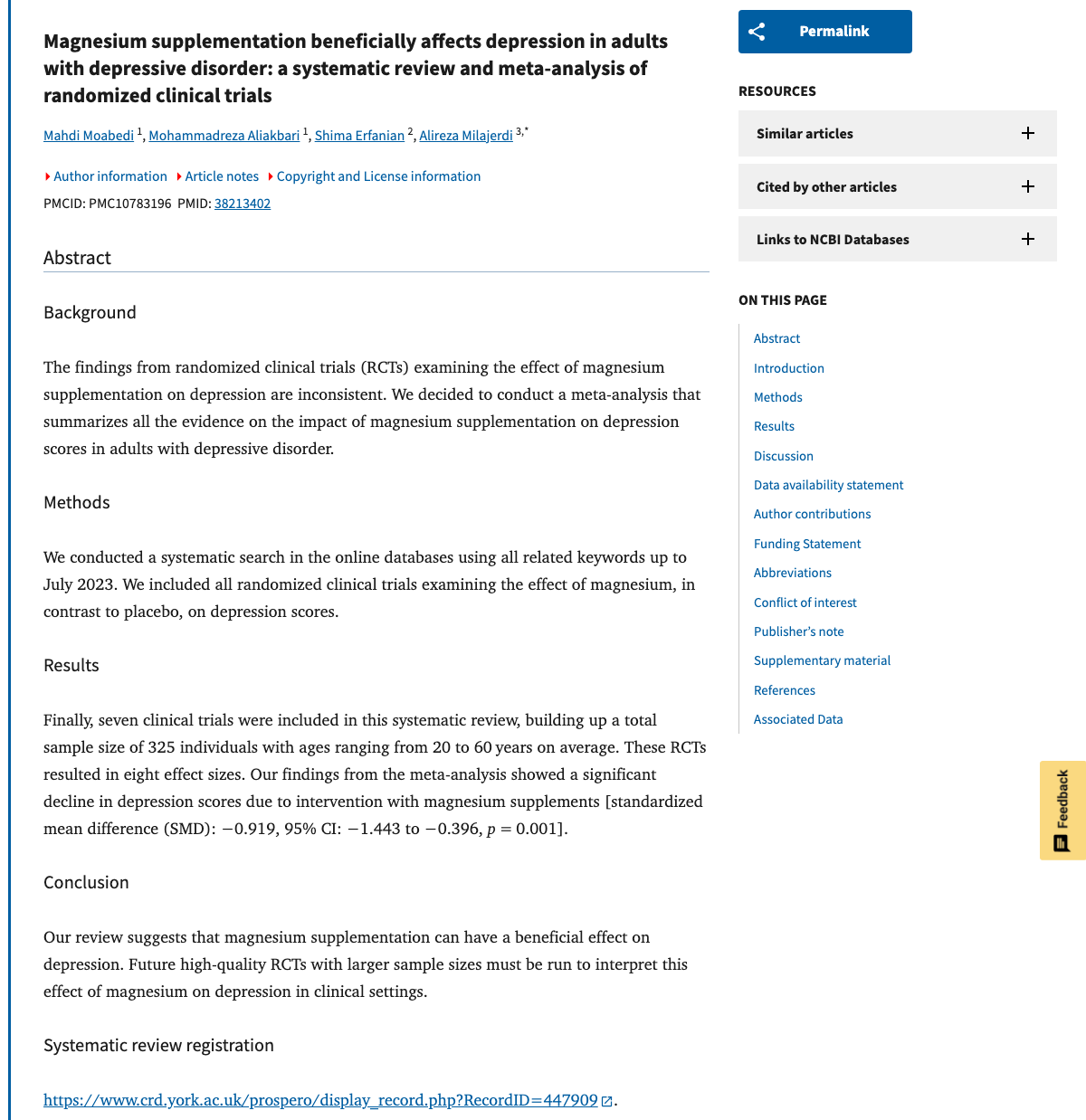 Title and abstract of Magnesium supplementation beneficially affects depression in adults with depressive disorder: a systematic review and meta-analysis of randomized clinical trials.