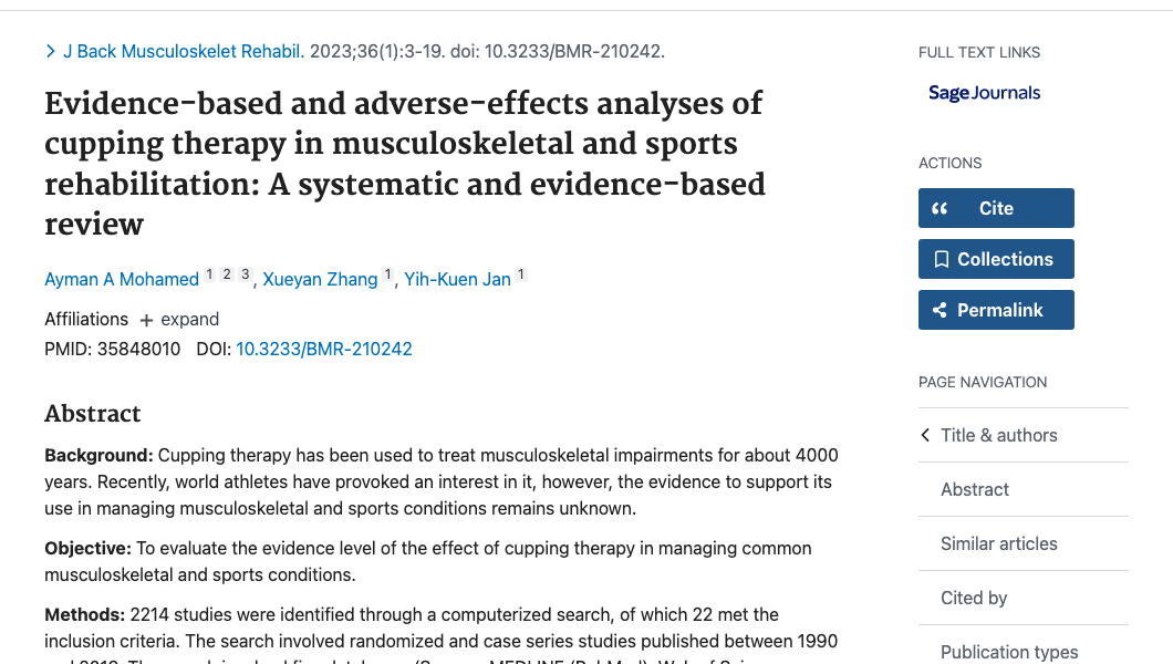 Title and abstract of Evidence-based and adverse-effects analyses of cupping therapy in musculoskeletal and sports rehabilitation: A systematic and evidence-based review.