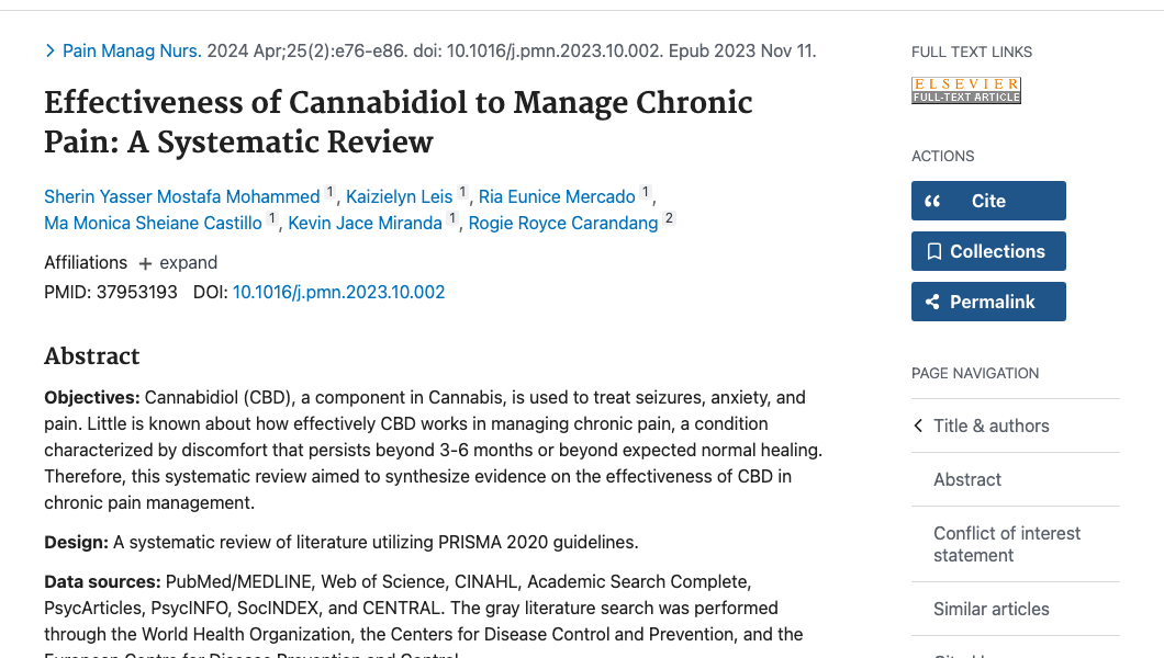 Title and abstract of Effectiveness of Cannabidiol to Manage Chronic Pain: A Systematic Review.
