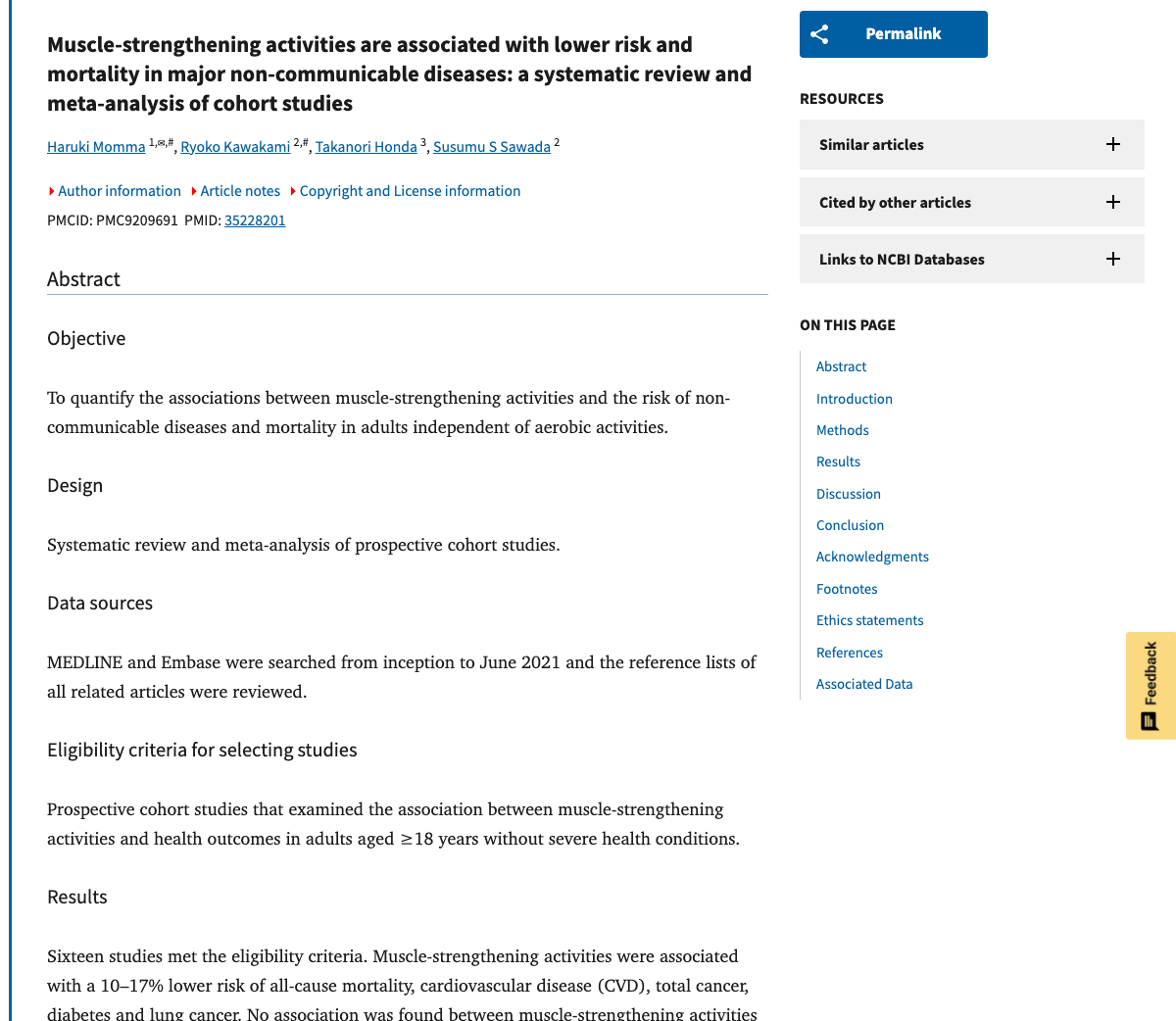 Title and abstract of Muscle-strengthening activities are associated with lower risk and mortality in major non-communicable diseases: a systematic review and meta-analysis of cohort studies.
