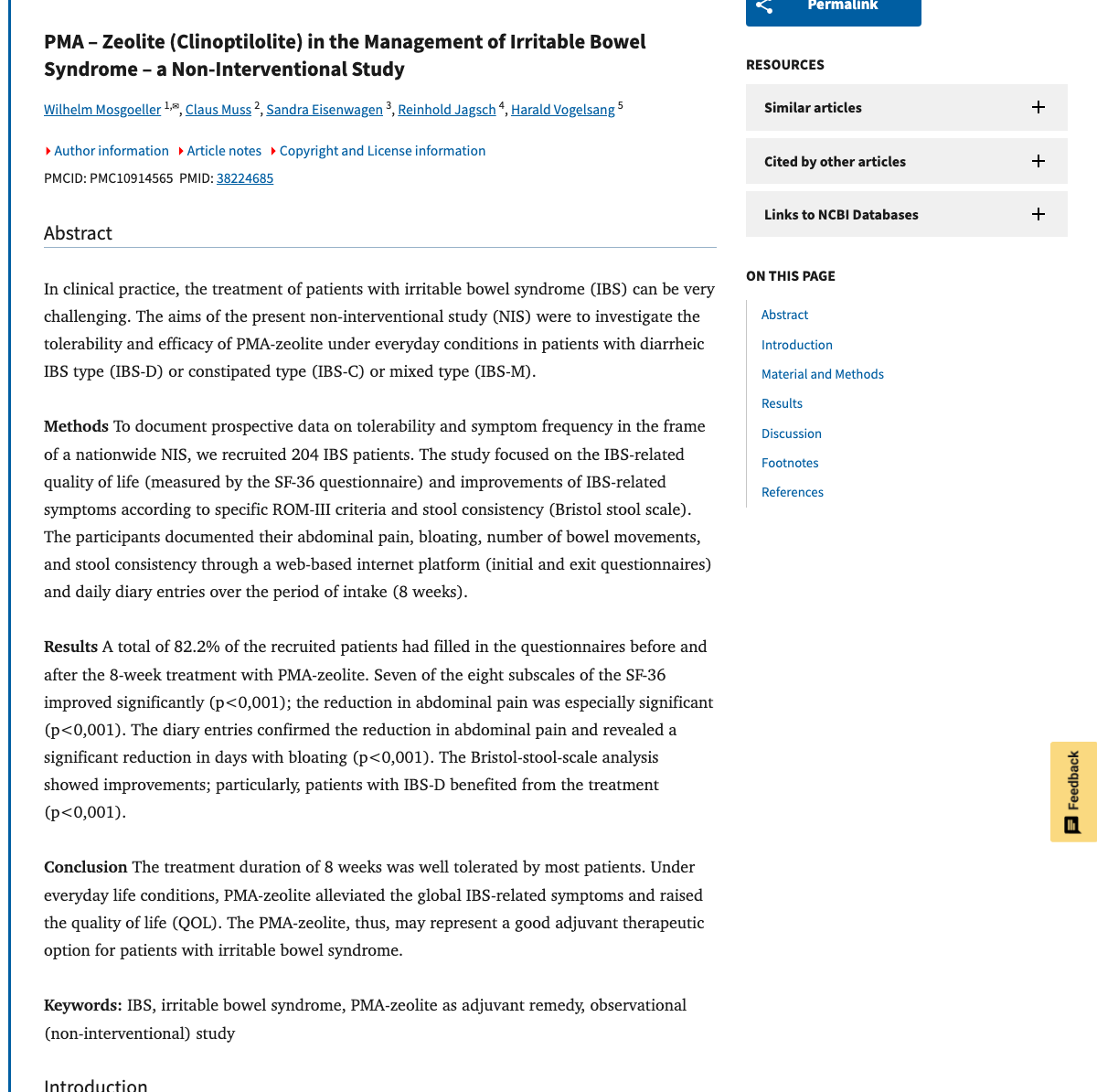 Title and abstract of PMA - Zeolite (Clinoptilolite) in the Management of Irritable Bowel Syndrome - a Non-Interventional Study.
