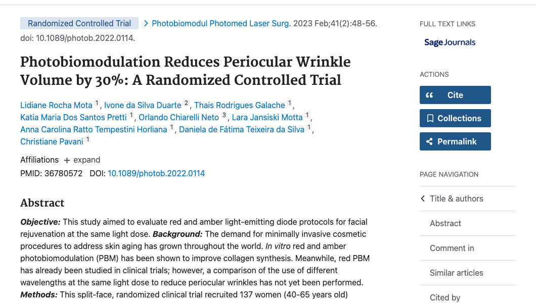 Title and abstract of Photobiomodulation Reduces Periocular Wrinkle Volume by 30%: A Randomized Controlled Trial.