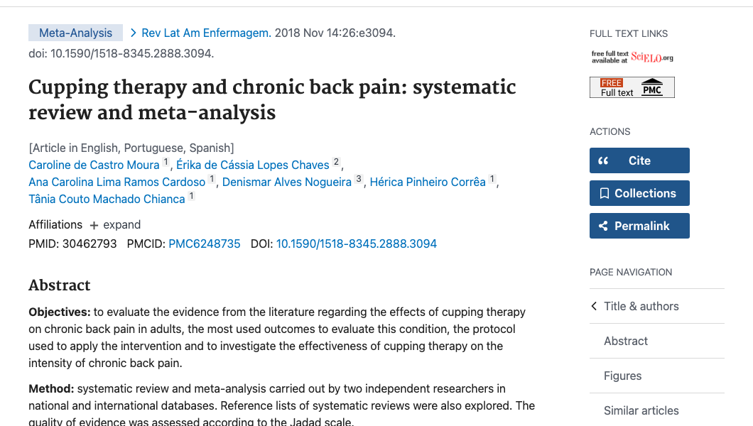 Title and abstract of Cupping therapy and chronic back pain: systematic review and meta-analysis.