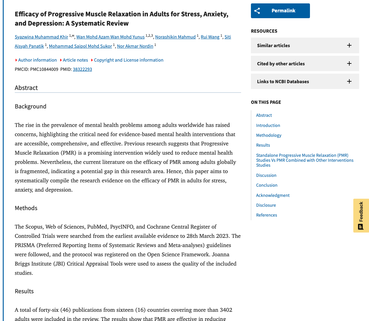 Title and abstract of Efficacy of Progressive Muscle Relaxation in Adults for Stress, Anxiety, and Depression: A Systematic Review.
