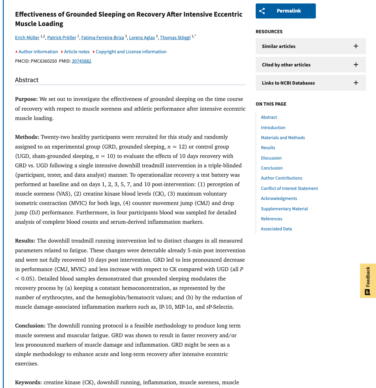 Title and abstract of Effectiveness of Grounded Sleeping on Recovery After Intensive Eccentric Muscle Loading