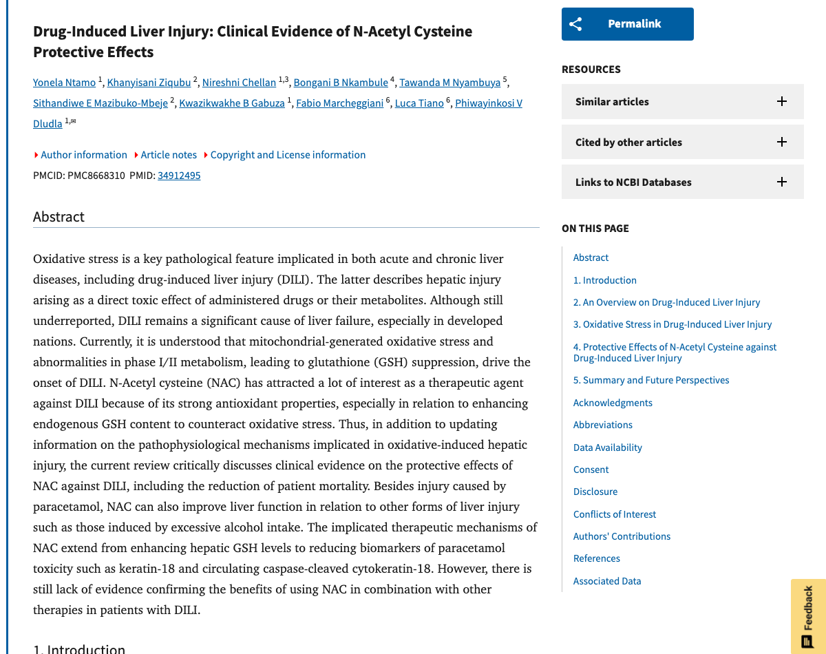Title and abstract of Drug-Induced Liver Injury: Clinical Evidence of N-Acetyl Cysteine Protective Effects
