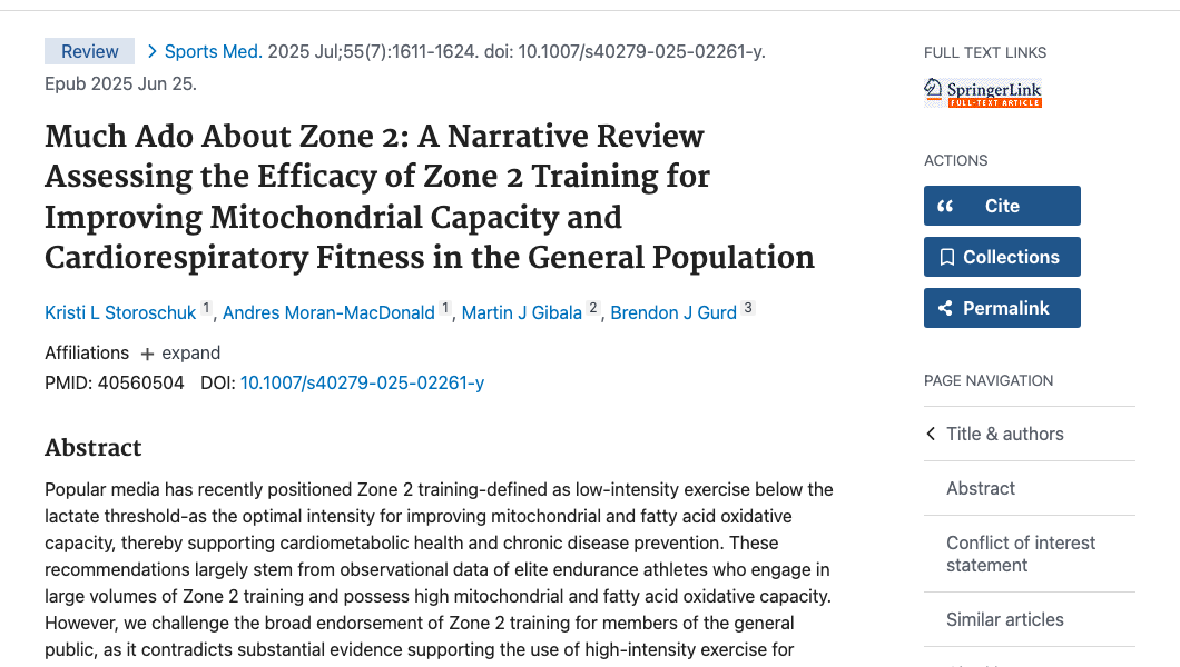 Title and abstract of Much Ado About Zone 2: A Narrative Review Assessing the Efficacy of Zone 2 Training for Improving Mitochondrial Capacity