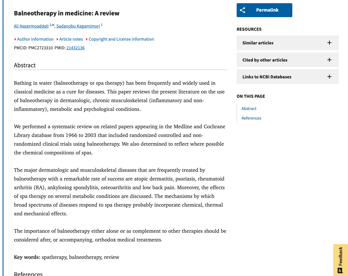 Title and abstract of Balneotherapy in Medicine: A Review