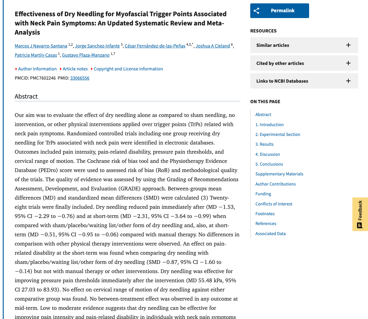 Title and abstract of Effectiveness of Dry Needling for Myofascial Trigger Points Associated with Neck Pain Symptoms: An Updated Systematic Review and Meta-Analysis.