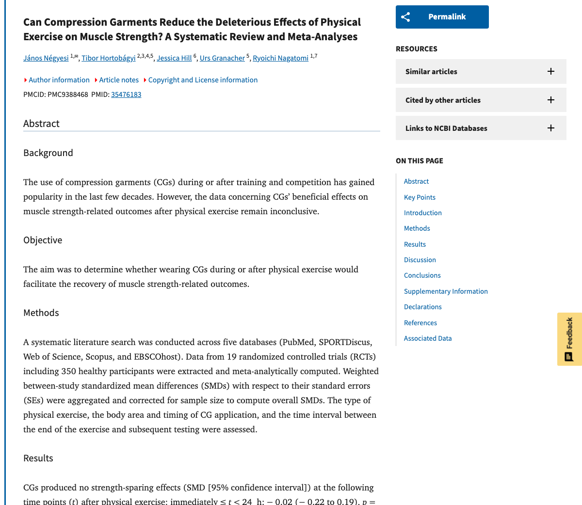 Title and abstract of Can Compression Garments Reduce the Deleterious Effects of Physical Exercise on Muscle Strength? A Systematic Review and Meta-Analyses.