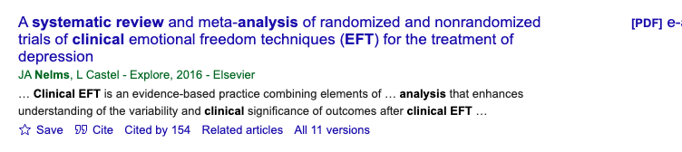 Title and abstract of A Systematic Review of Clinical EFT (Emotional Freedom Techniques) and PTSD